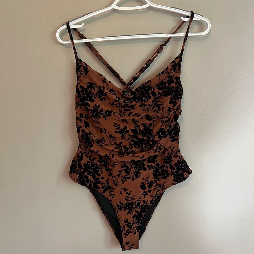 Brown Mesh Black Velvet Burnout Bodysuit Floral Cowl 1XL Whimsgoth Indie